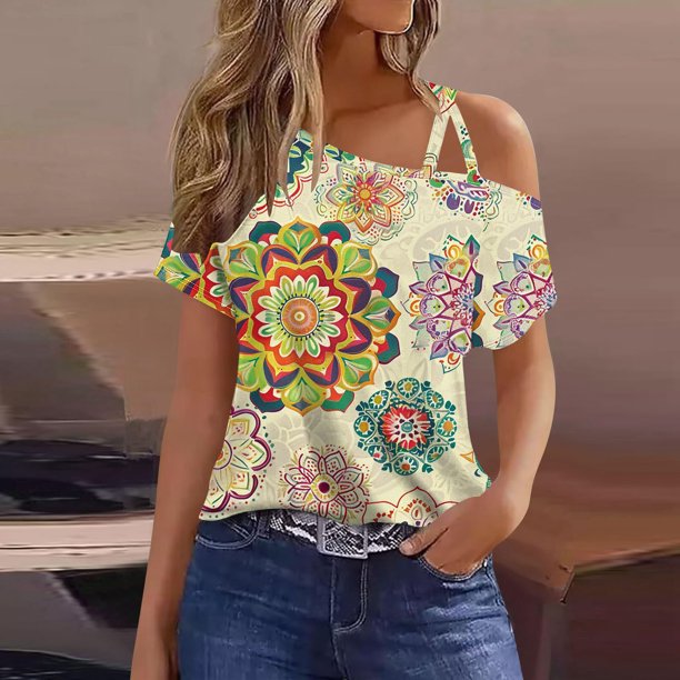 Fiudx Liquidación de Ofertas Flash Camiseta Tipo Blusa con Hombros Descubiertos y Manga Corta Informal para Mujer a La Moda