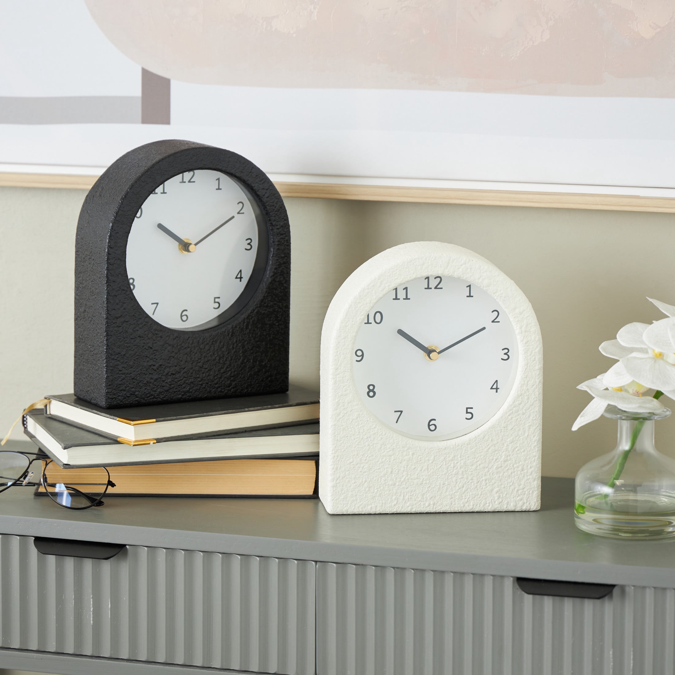 DecMode 9" Multi Colored Wood Textured Clock with Gold Accents, Set of 2