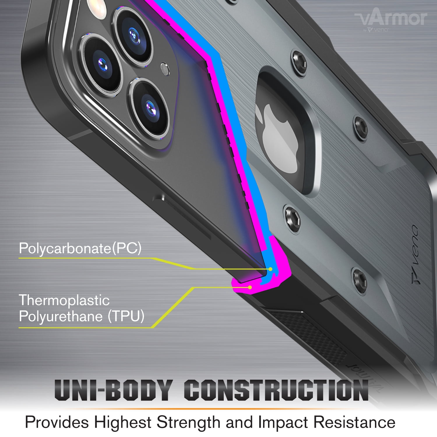 Vena vArmor Rugged Case Compatible with Apple iPhone 12 / iPhone 12 Pro (6.1"-inch), (Military Grade Drop Protection) Heavy Duty Holster Belt Clip Cover with Kickstand - Space Gray