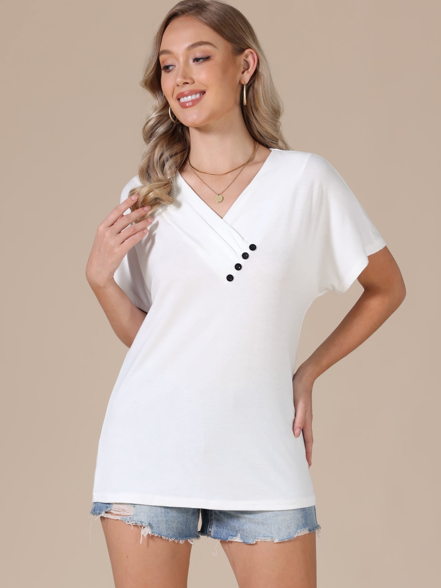 DARING DIVA Women's Summer Short Sleeve Tunic Tops Casual V Neck Button Shirts M White