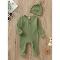 thumbnail image 4 of Infant Baby Jumpsuit and Hat Set, 3 6 12 18M Solid Knit Ribbed Long Sleeve Crew Neck Button Romper One-Piece Clothes, 4 of 10