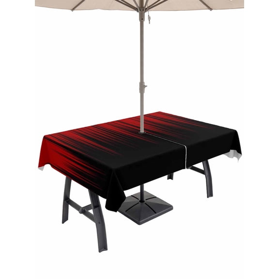 Outdoor Tablecloth with Umbrella Hole for Patio/Picnic/Party/Camping, Dark Red Black Ombre Waterproof Table Cloth Rectangle Table Cover Washable, Modern Abstract Art Striped Gradient (60"x 84")
