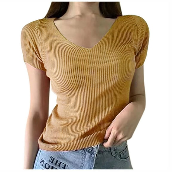yillto Women's Crew Neck T Shirts Short Sleeve Casual Tops Ribbed Knit Slim Tees Summer Basic Shirt