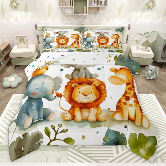Castle Fairy Preppy Lion Elephant Giraffe Twin Comforter Sets,Botanical Leaves Bedding Set