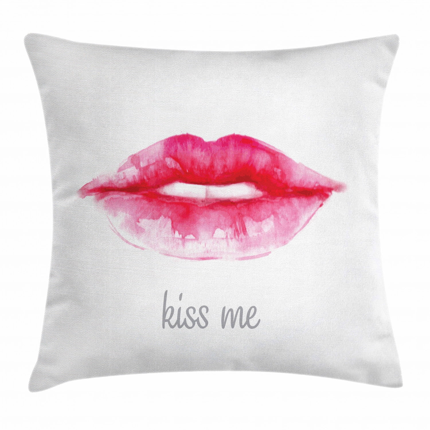 Kiss Throw Pillow Cushion Cover, Watercolor Style Woman Lips with Pink