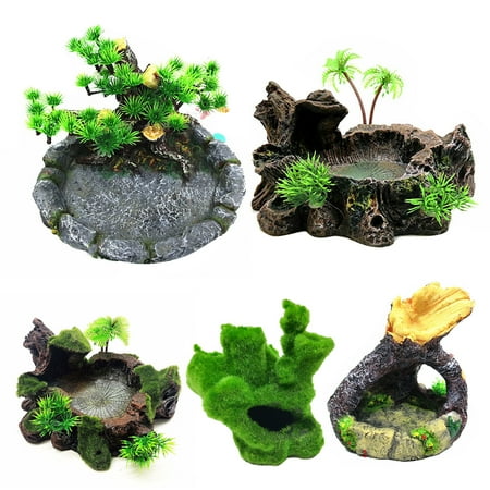 SPRING PARK Resin Reptile Platform Artificial Tree Trunk Reptile Tank Decor Food Water Dish Bowl for Turtle,Lizard, Gecko, Water Frog