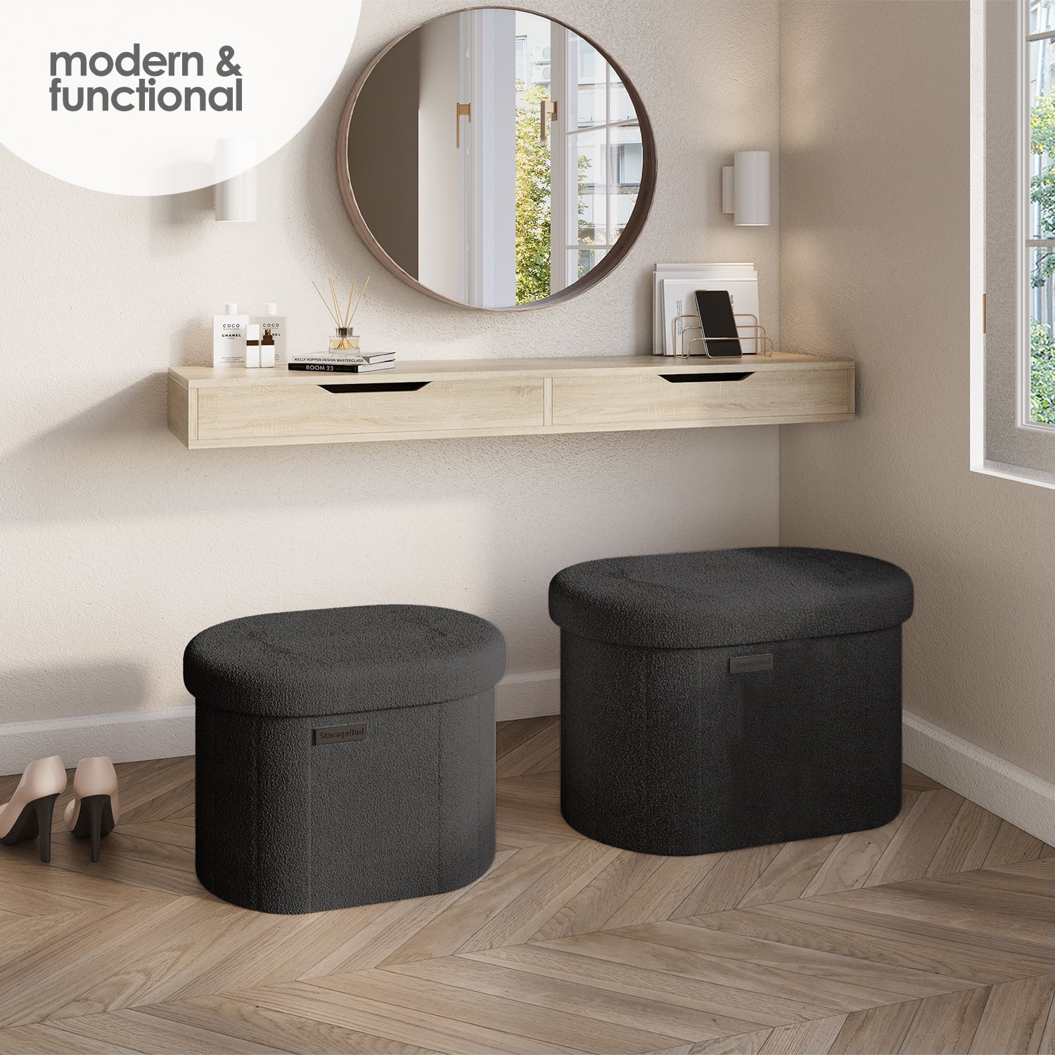 Hearth & Harbor Oval Storage Ottoman Bench, Boucle 18" Ottoman with Storage , Black