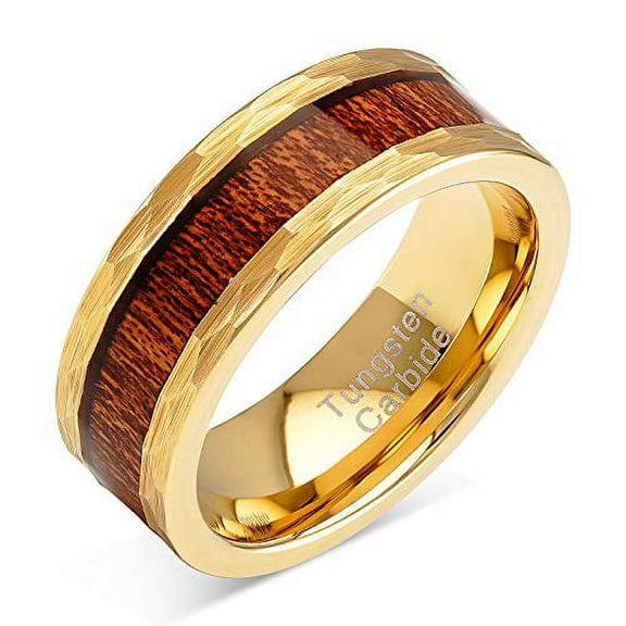 Tungsten Rings For Men Women Wedding Band Gold Hammered Edge Wood Inlaid Sizes 8-15