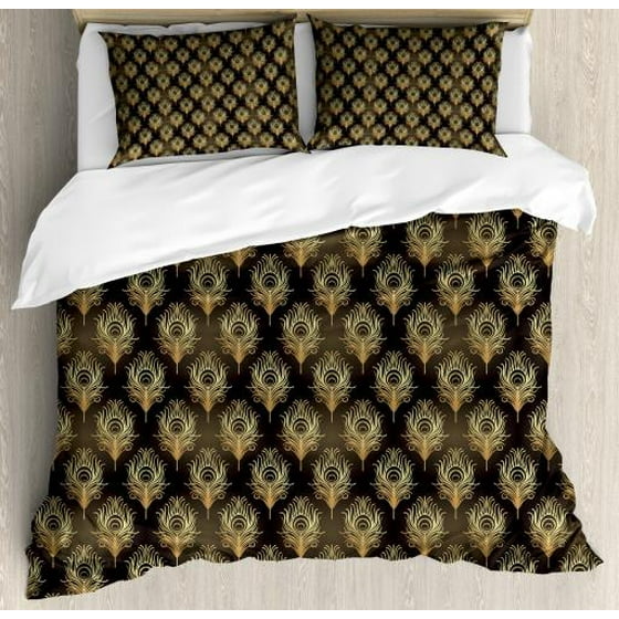 Art Deco Queen Size Duvet Cover Set Jazz Era Inspired Vertically Aligned Pea Feather Drawing Style Decorative 3 Piece Bedding With 2 Pillow