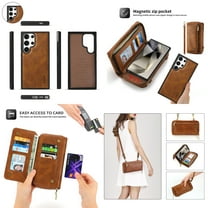 Feishell Multifunctional Crossbody Wallet Case for Samsung Galaxy S24 Ultra,Magnetic Detachable Case Premium PU Leather Zipper Pocket Multi Card Slots Phone Case with Wrist Strap&Shoulder Strap,Brown