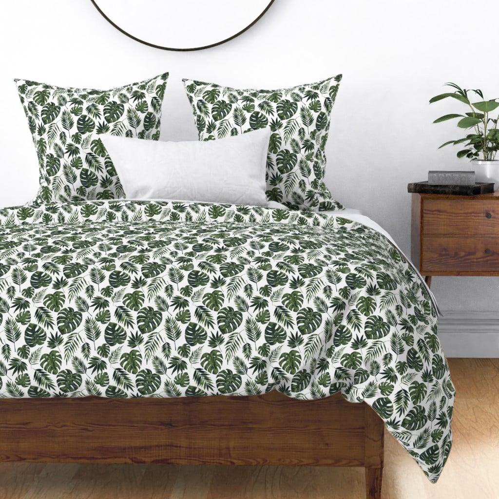 Tropical Green Leaves Forest Monstera Sateen Duvet Cover by Roostery ...