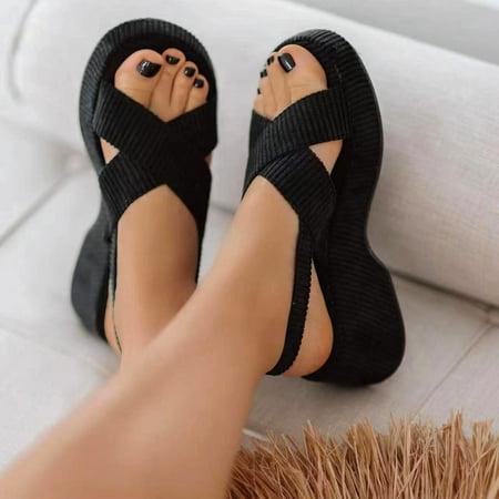 

Aayomet Women s Sandals Ladies Fashion Solid Color Suede Crossed Open Toe Buckle Thick Sole Sandals Black 7.5