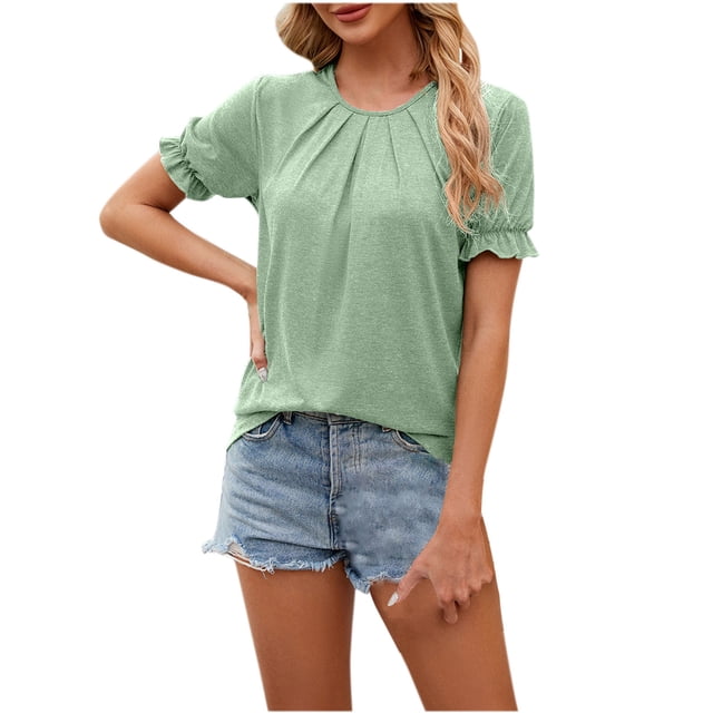 Chbgutlmr Tops for Women Ruffle Short Sleeve Crewneck Tee Shirts Solid Color Pleated Comfy Casual Blouses