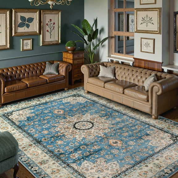 Lahome Decor Area Rugs for Living Room 9'x12' Washable Oriental Floral Medallion Rug Indoor Printed Carpet Non Slip Mat for Dining Bedroom Nursery Playroom Home Decor, Blue