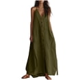 thumbnail image 2 of Yangnuo Women's V-Neck Spaghetti Strap Maxi Dress, Button-Front Solid Color Casual Sundress Ladies Loose Flowy Linen Style Beach Dress with Side Slit, Perfect for Vacation Army Green L, 2 of 5