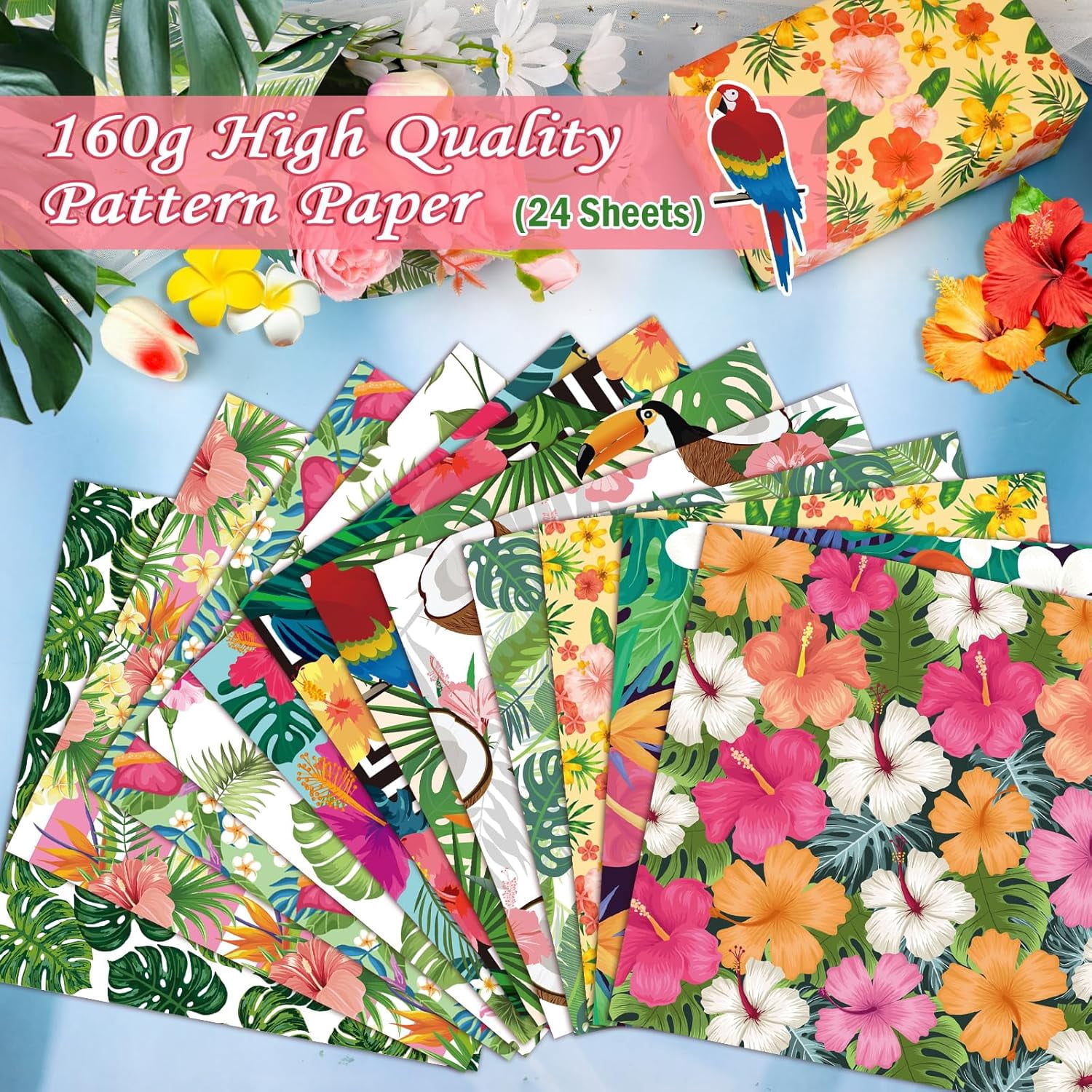 24 Sheets Summer Scrapbook Paper 11.8x11.8, Double Sided Hawaii Patterned Paper Tropical Decorative Cardstock Pad Palm Leaf Origami Papers for Card Making Scrapbook Supplies