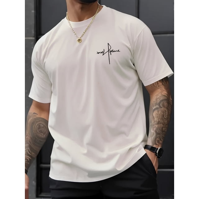 Camiseta con estampado gráfico "Just Love Me" para hombre - Casual, negra, de manga corta y cuello redondo, de algodón, estilo elegante, opaca, con textura de tejido de punto, ideal para el tiempo lib