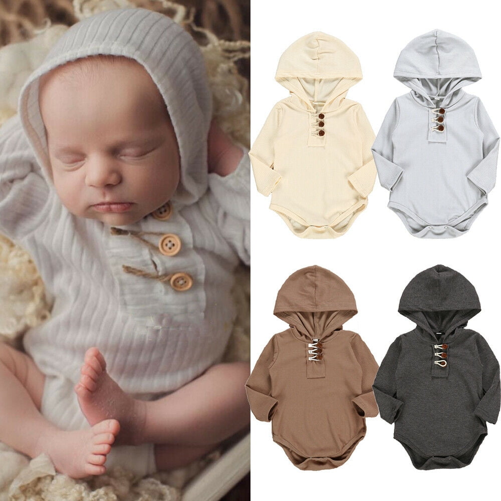 MA/&BABY Baby Hooded Romper Newborn Boy Girl Long Sleeve Button Jumpsuit Bodysuit Clothes Outfits
