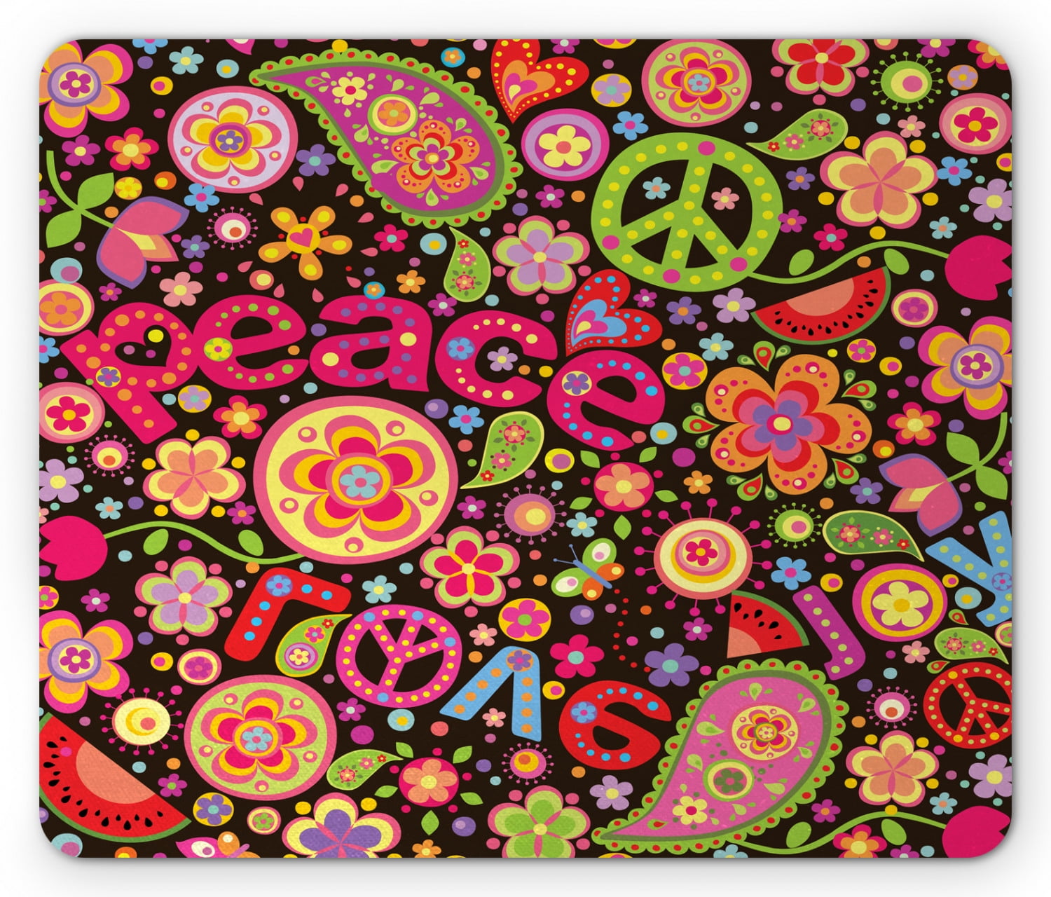 Groovy Mouse Pad, Hippie Colorful Paisley Leaves Music Keys Typography ...