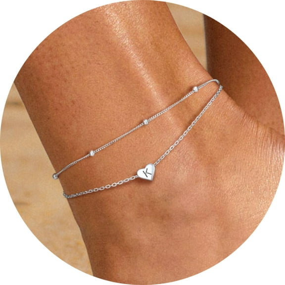 Silvora 925 Sterling Silver Double Layer Anklets for Women Initial Charm Letter Ankle Bracelet Waterproof Birthday Christmas Valentines Jewelry Gift