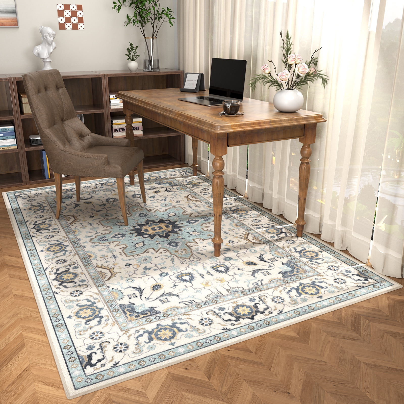 Washable Area Rug for Living Room, NovDeco 5'x7' Non-Slip Vintage Persian Light Blue Indoor Rug, Low Pile Stain Resistant Carpet for Bedroom Nursery