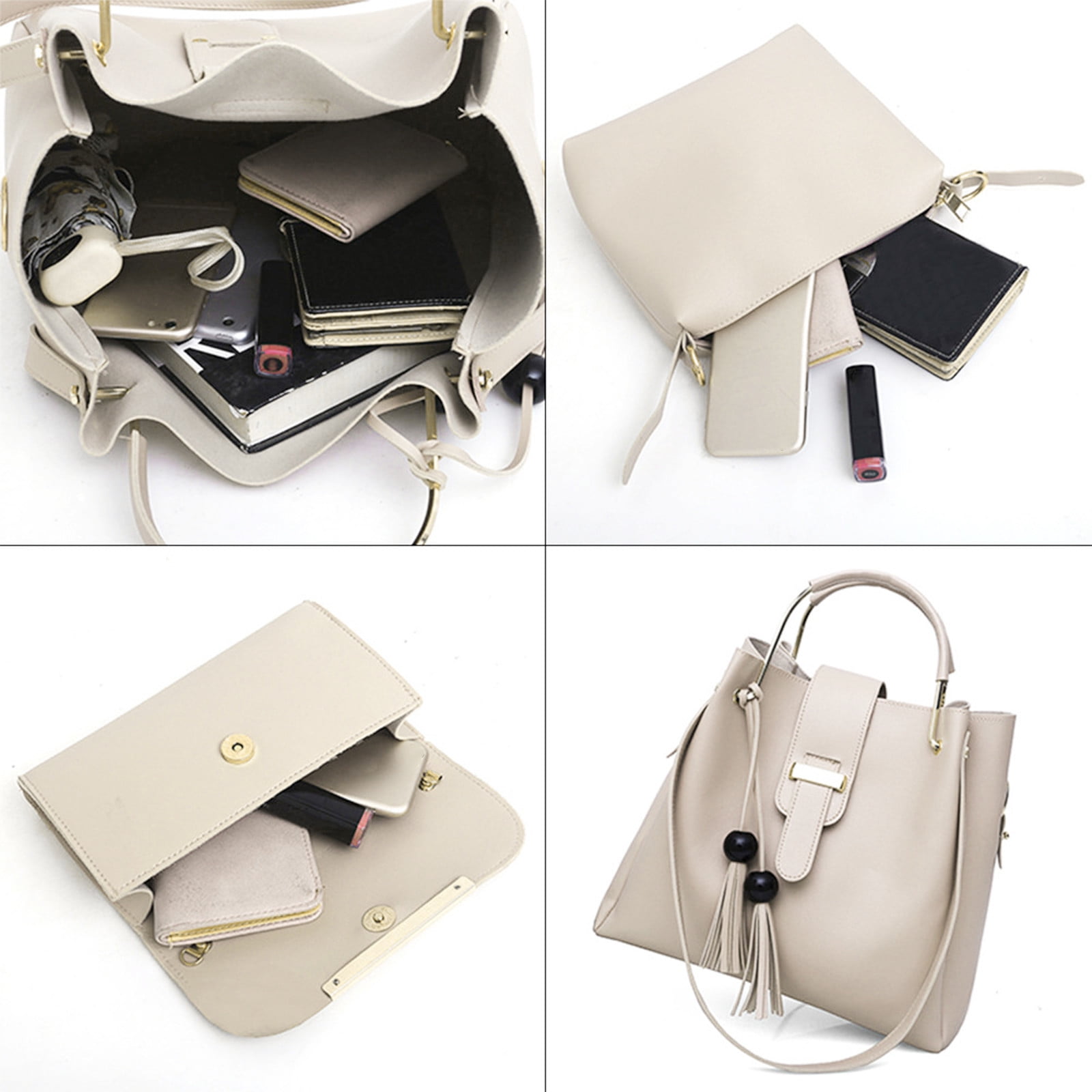 Quinlirra Set of 3 Purses for Women Tote Purse and Wallet Set Shoulder Satchel Bags, Women Handbag Wallet Tote Bag Shoulder Bag, Gifts for Women-Beige&Set of 3