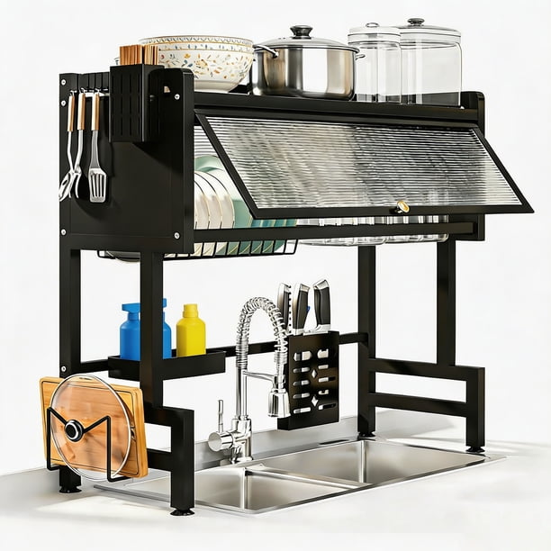 Escurridor de Trastes sobre Fregadero con Puertas, Acero Inoxidable - Organizador de Trastes Grande 2 Niveles, Secador de Platos y Cubiertos con Accesorios, Trastero Cerrado para Cocina