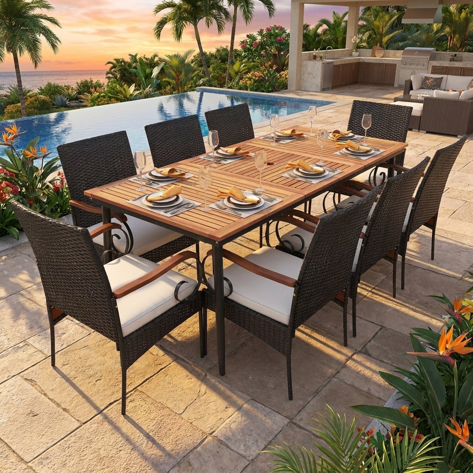 Biotree Patio Dining Set 9 Pieces Rattan Outdoor Conversation Set with Acacia Wood Table and 8 Cushioned Chairs for Garden Backyard Porch, Mix Gray