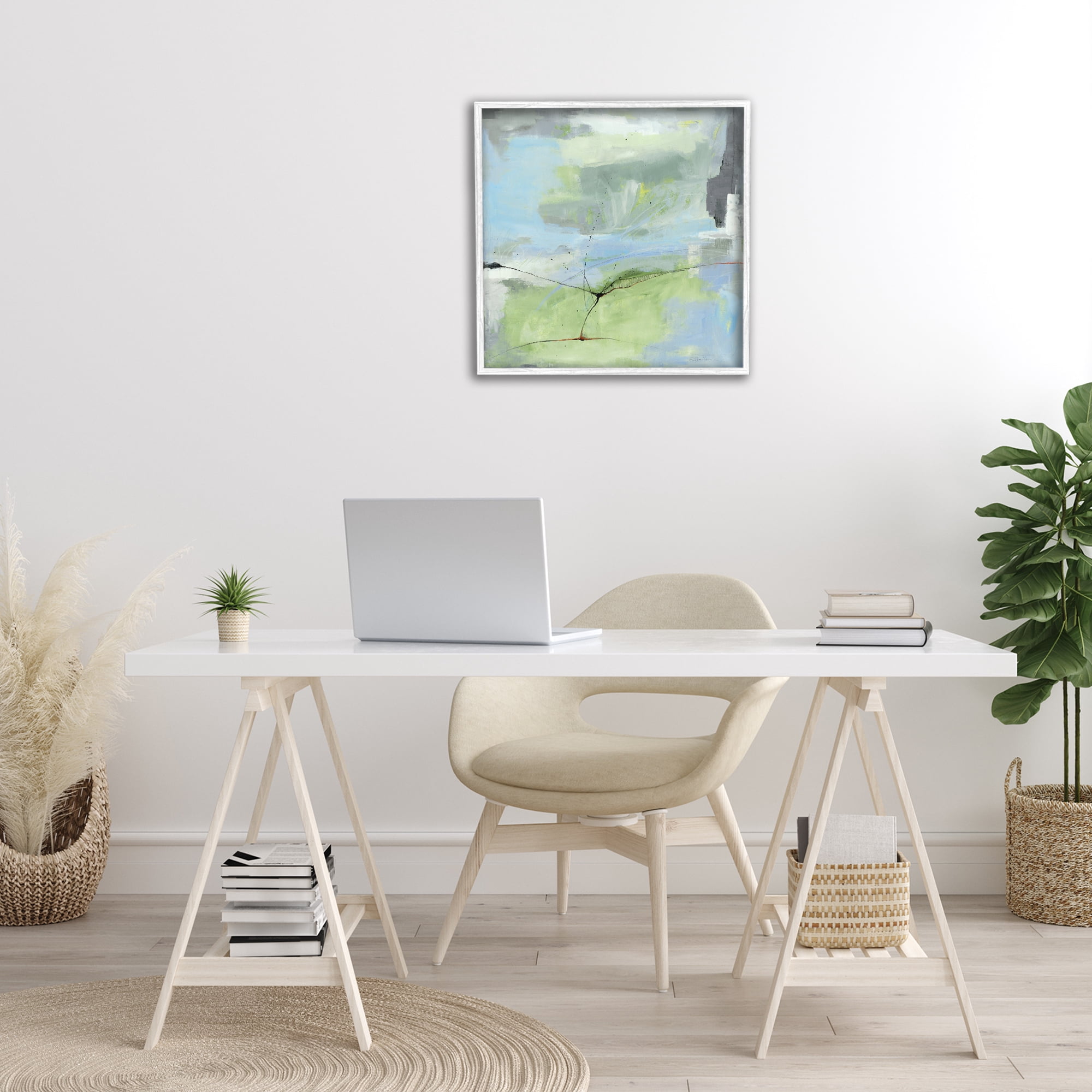 Stupell Industries Abstraction with Streaked Line Abstract Painting White Framed Art Print Wall Art, 24 x 24