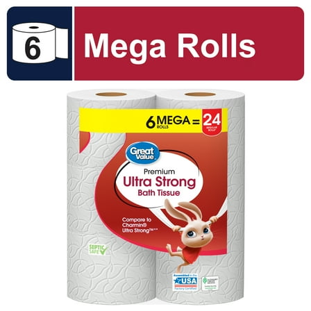 Great Value Ultra Strong 2-Ply Toilet Paper, 6 Mega Rolls, Compare to Charmin® Ultra Strong™