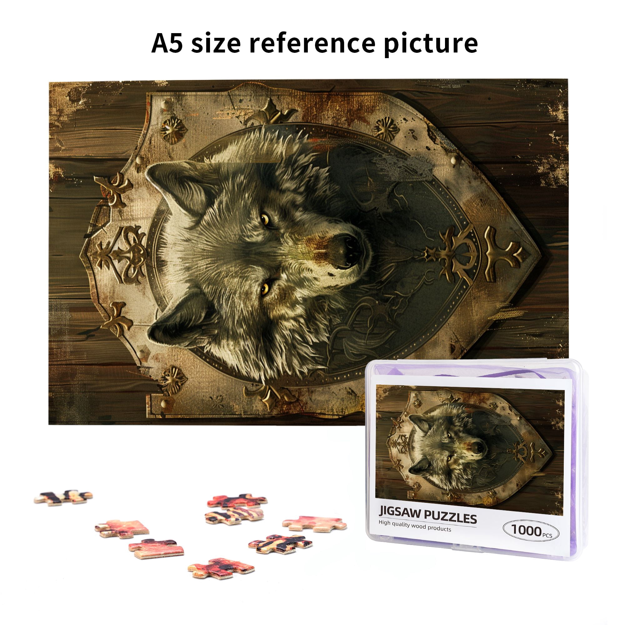 1000 pcs 1000 Piece Wooden Puzzles Wolf Head Badge,Unique Artwork for Animal,Funny Animal Art Stress relieving puzzle,for Animal Lovers Gifts,Impossible Hard Difficult Challenging Puzzles for Adults
