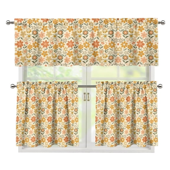 Yuyamidu Floral Print Kitchen Curtain Valance and Tiers 3 Panel Set Easy to Install Bathroom Window Curtain with Rod Pocket Soft Window Treatment Tiers for Living Room Bathroom
