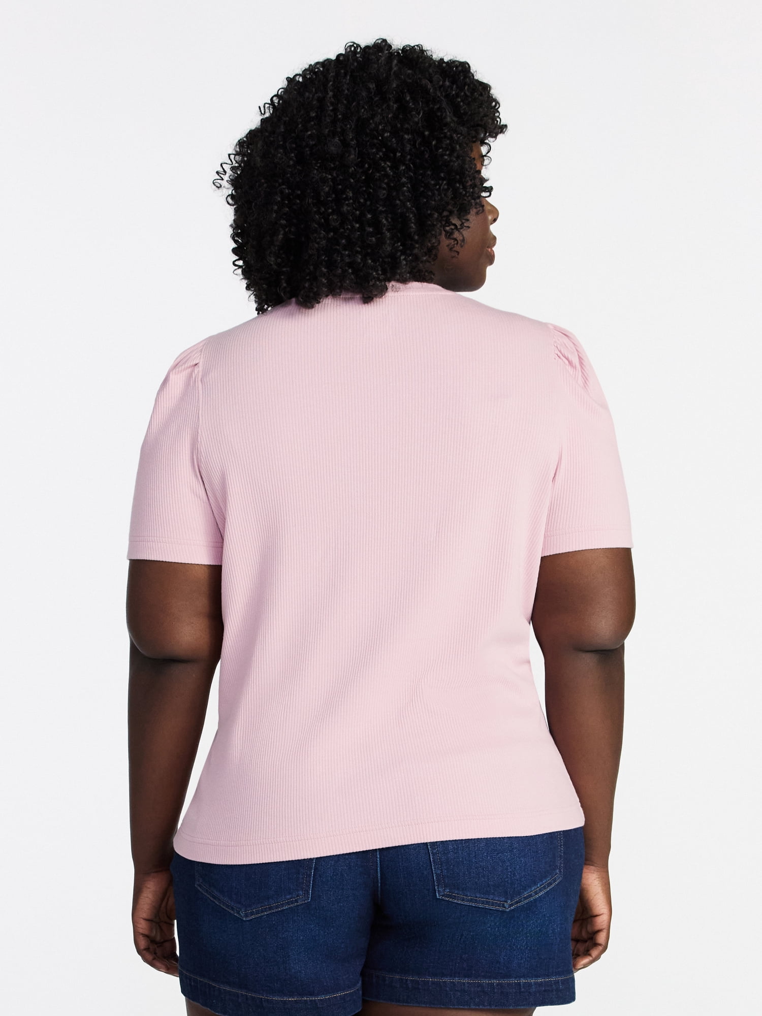 Terra & Sky Women's Plus Size Crewneck Top with Short Puff Sleeves, Size 0X-4X