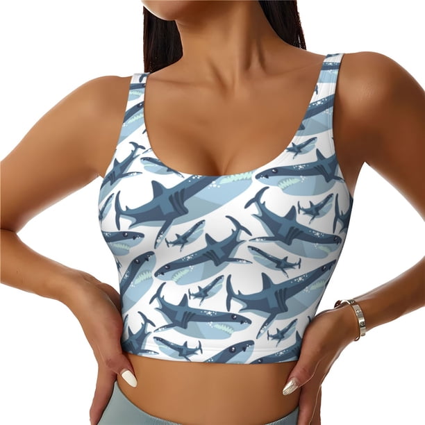 Fotbe Cute Shark Sujetador Deportivo Largo sin Aros para Mujer con Almohadillas y Soporte Medio, Transpirable y Absorbente, Camiseta Tipo Chaleco o Tank Top-Small