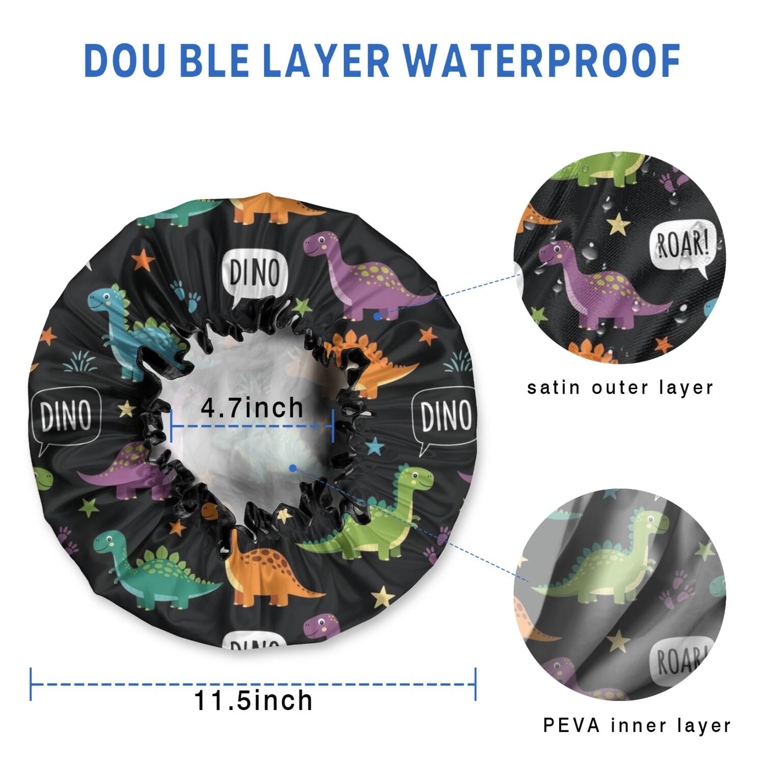 Shower Caps,Black Dinosaurs Speech Bubbles Pattern Waterproof Shower Cap for Women 4 Pieces,Double Reusable Hair Cover for Shower PEVA Elastic Stretch Hem