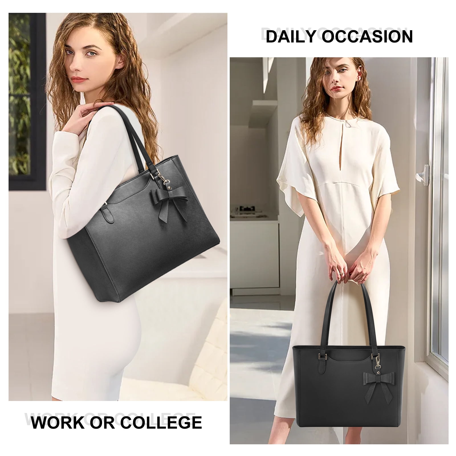 RAINSMORE Laptop Bag for Women 14 Inch Leather Work Tote Bag Professional Briefcase for Office Teacher College Computer Bag,Black
