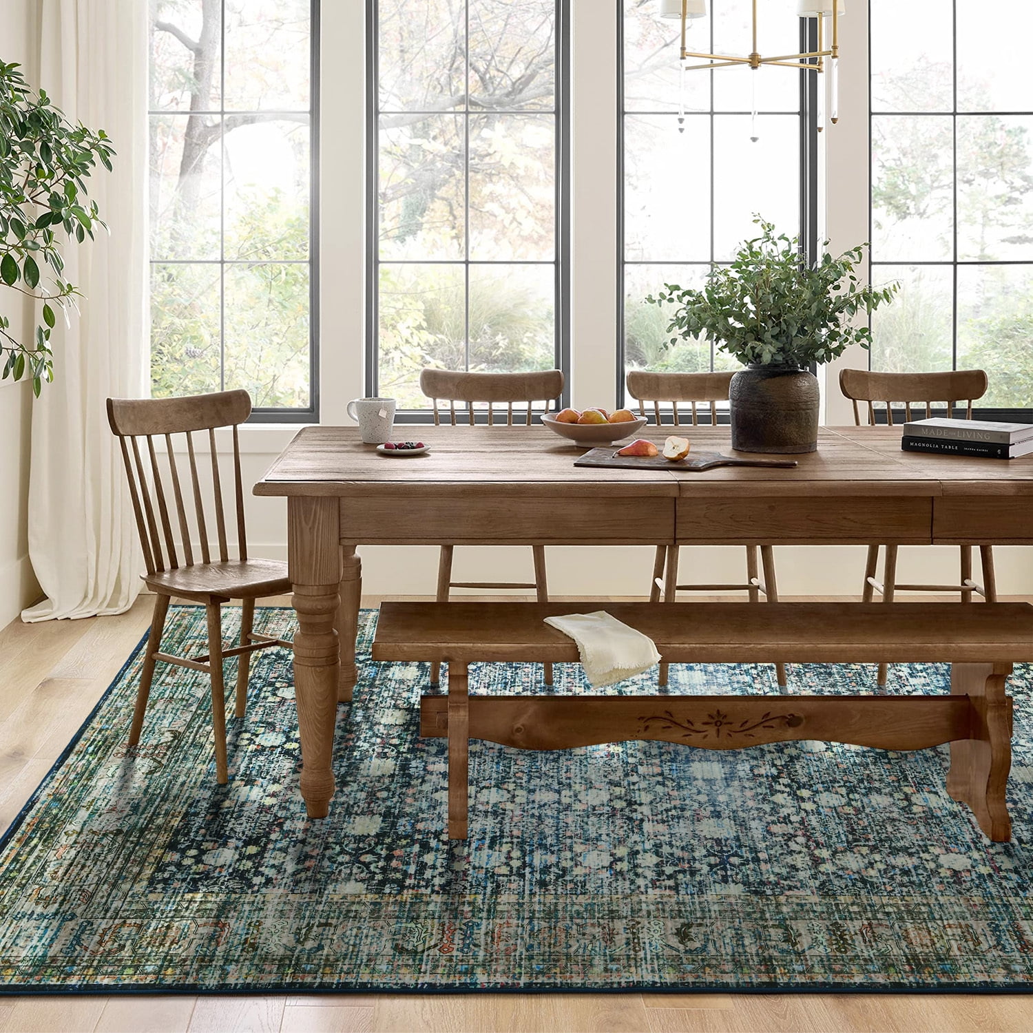 Wondo Floral Washable Rugs, 5x8 Area Rug for Living Room, Soft Large Boho Bedroom Rug, Botanical Non Slip Ultra Thin Floor Carpet for Dining Room Nursery Office, Yellow