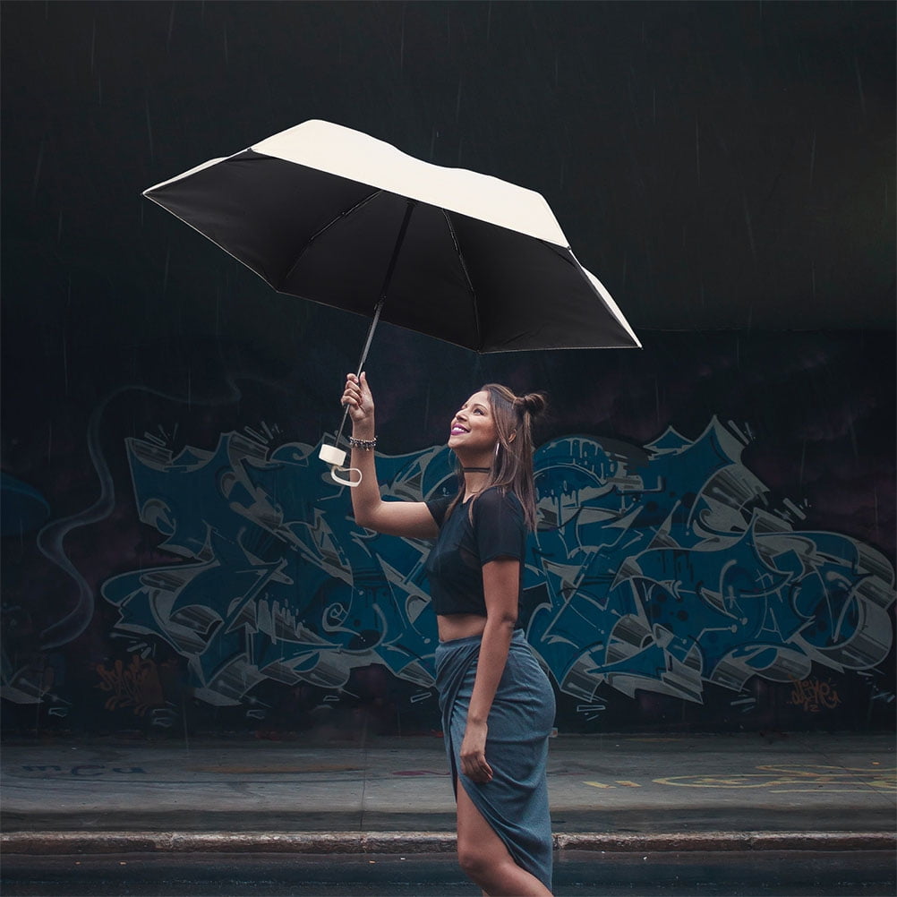 Raindrops Small Automatic Folding Travel Umbrella with Breeze Vent - Compact Beige Rain