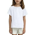 thumbnail image 5 of Breathable Linen Cotton Top for Girls | Oversized Batwing Sleeve Shirt Casual Boat Neck Kids Tee Relaxed Fit White,Size 4-5T, 5 of 6