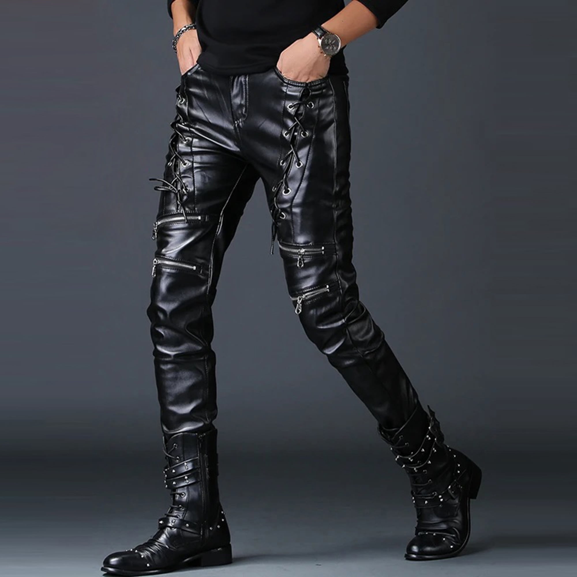 Men's Black Faux Leather Pants Shiny PU Side Lace-Up Punk Style Tight Leg Trousers