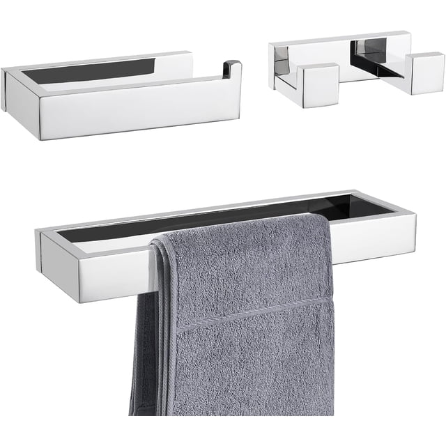 3 Pieces Polished Chrome Bathroom Hardware Accessories Set,SUS304 Stainless Steel Towel Holder Set Towel Holder Robe Hook Toilet Paper Holder Wall Mounted