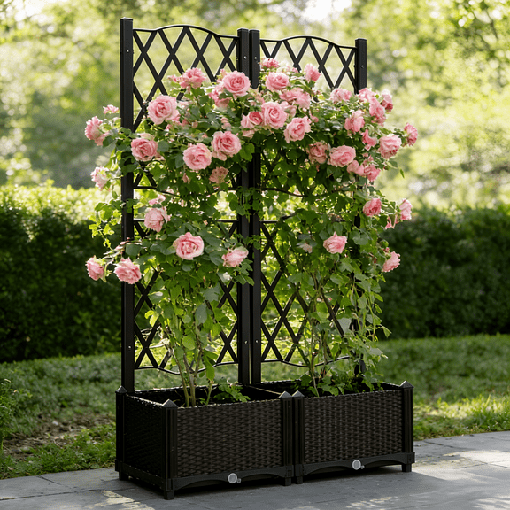 Ktaxon Wicker Trellis Planter, Outdoor Raised Garden Bed with Drainage Holes, Free-Standing Trellis Planter Box for Vine Climbing Plants and Flowers in Garden Patio Balcony, Brown