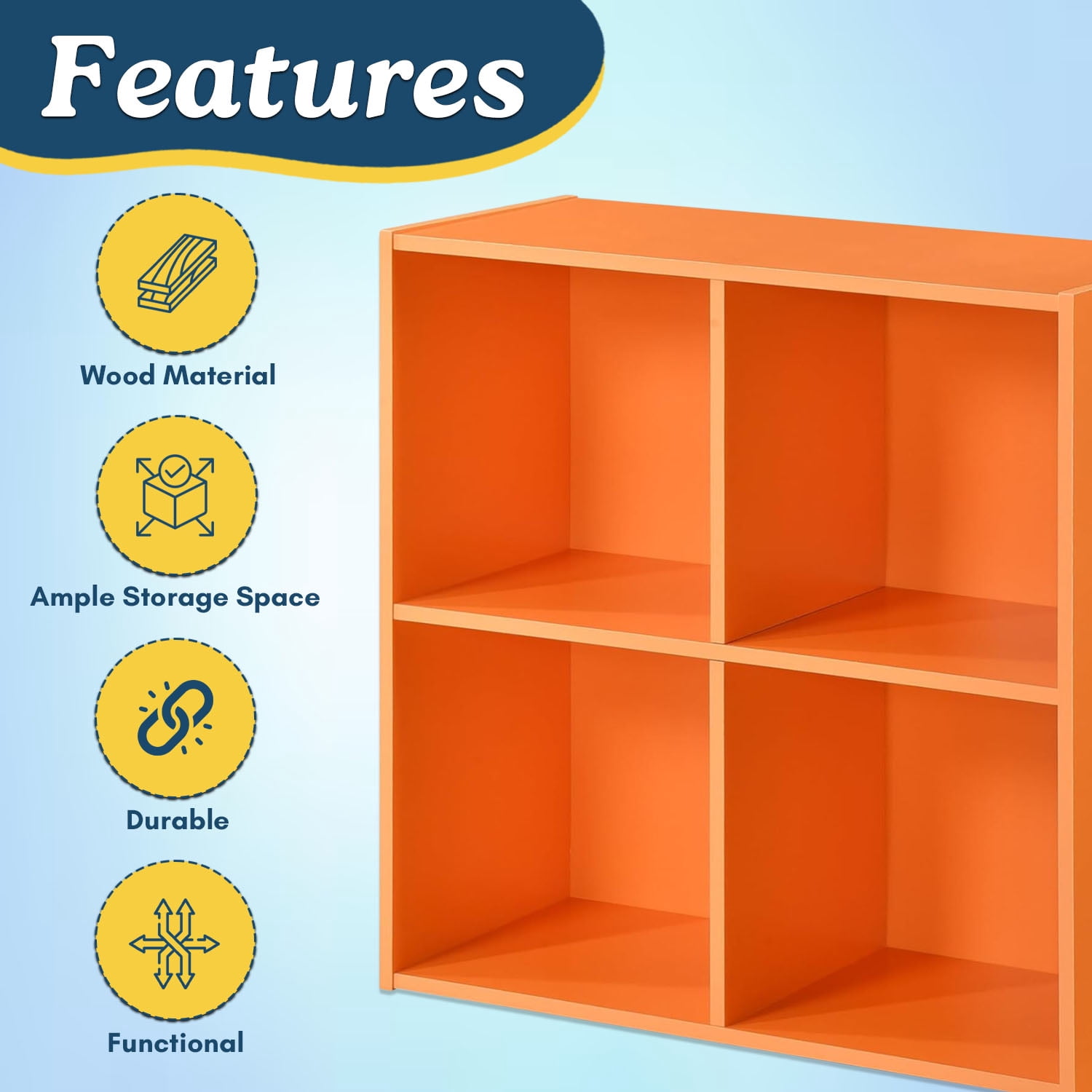 Kings Brand Furniture - 4 Cube Storage Organizer Book Shelf, Toy Storage Organizer for Playroom, Bedroom, Nursery School, Orange