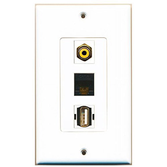 RiteAV - 1 Port RCA Yellow and 1 Port USB A-A and 1 Port Cat6 Ethernet Black Decorative Wall Plate Decorative