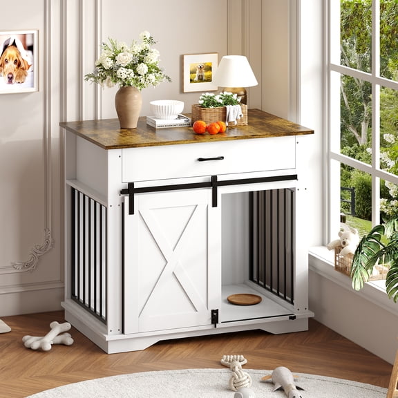 38" Farmhouse Style Dog Crate Furniture - Indoor Wooden Dog Kennel with Sliding Barn Door, Buffet Cabinet with Storage Drawer  & Pet Cage House Side Table for Small Medium Large Dogs