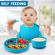 AYAOQIANG Soft Silicone Baby Feeding Set, Baby Led Weaning Set Infant Self Eating Utensil Set 7pcs Gray Blue