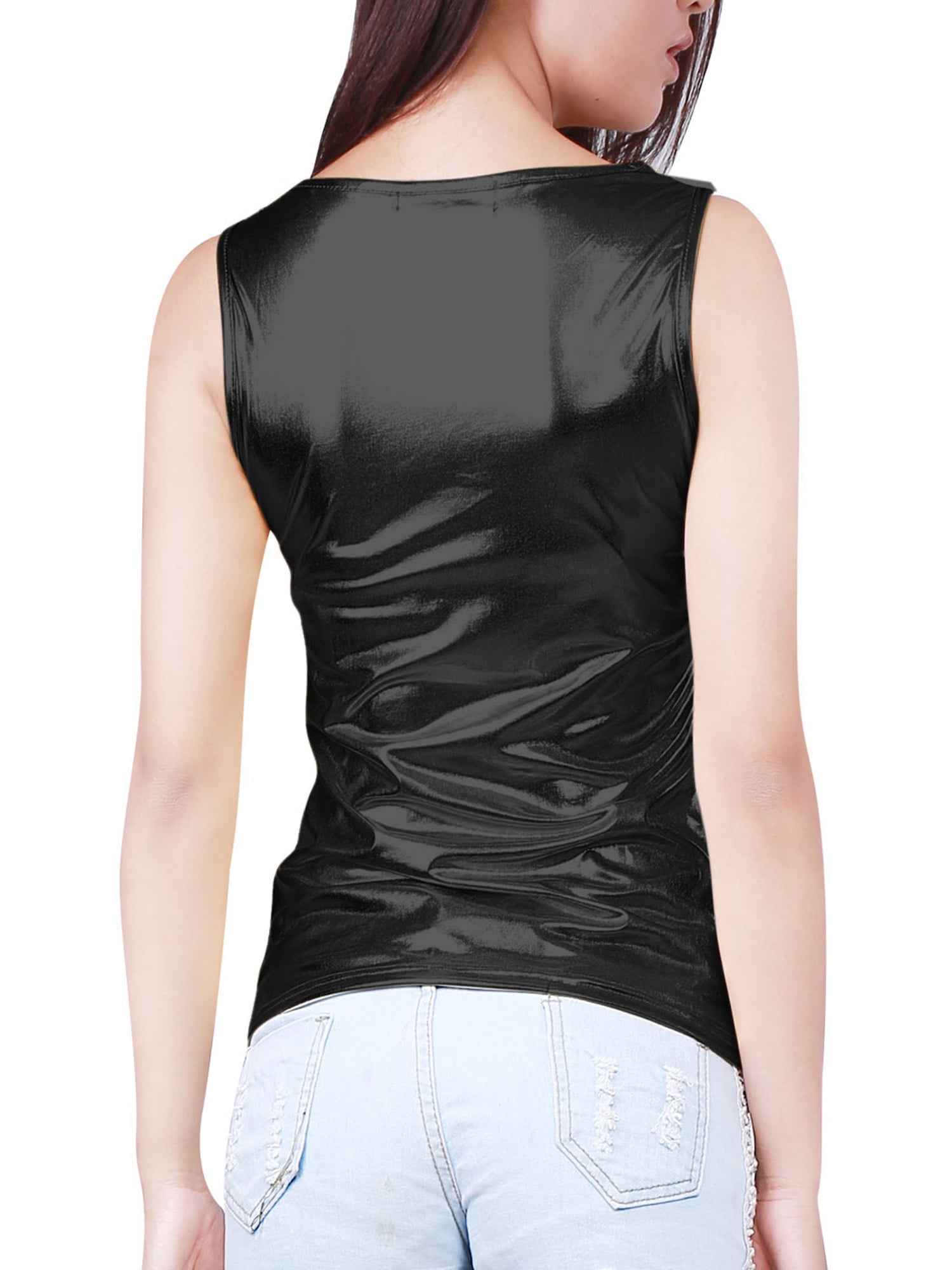 DARING DIVA Women's Sleeveless U Neck Sparkly Metallic Tank Top M Black
