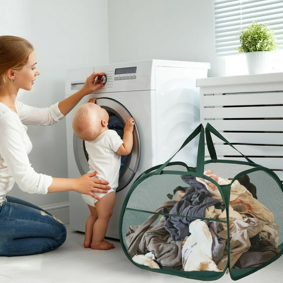 Vadktai Sturdy Mesh Laundry Hamper Basket Bag, Pop up Basket with Side Pocket for Laundry Room, Bathroom, Kids Room, College Dorm or Travel
