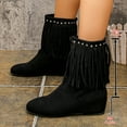 thumbnail image 6 of Women's Suede Tassel Ankle Boots Round Toe Fringe Dress Short Booties Slip on Chunky Heel Winter Mocassins, 6 of 9