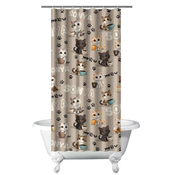 Adorable Cat-Themed Print Shower Curtain, Boho Cat Aesthetic Waterproof Bath Curtain, Includes 12 Hooks, 36x72 Inch
